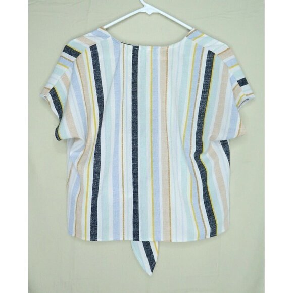 Sadie and Sage Cream Gray Striped Tie Front Crepe Short Sleeves Womens Sz Small - Picture 4 of 9